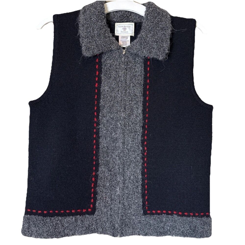 VTG Womens Embroidered Sweater Vest Wool Blend Black/Gray Sz Sm Holiday Heritage